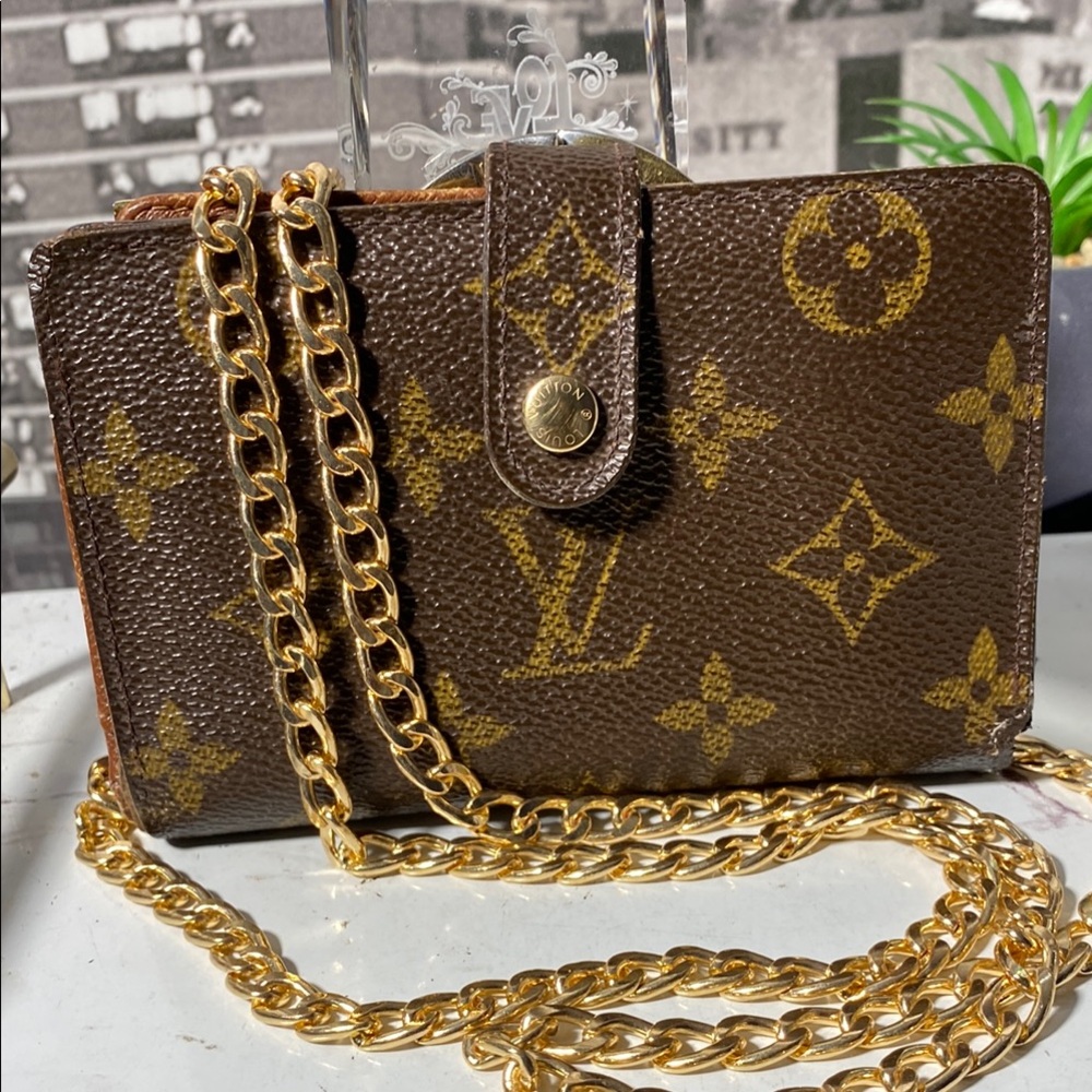 Louis Vuitton Brown Monogram Crossbody Wallet with Gold Chain